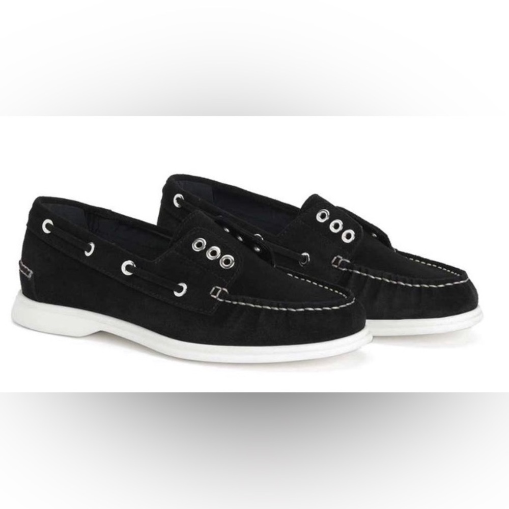 Aquatalia Black Suede Loafers with White Soles